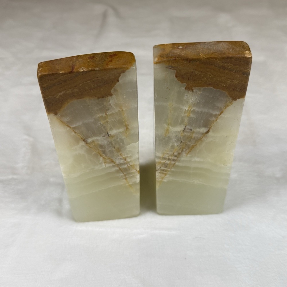 Vintage Green Onyx Marble Bookends Pair Natural Stone Brown Banded 7in Geometric - Picture 4 of 10